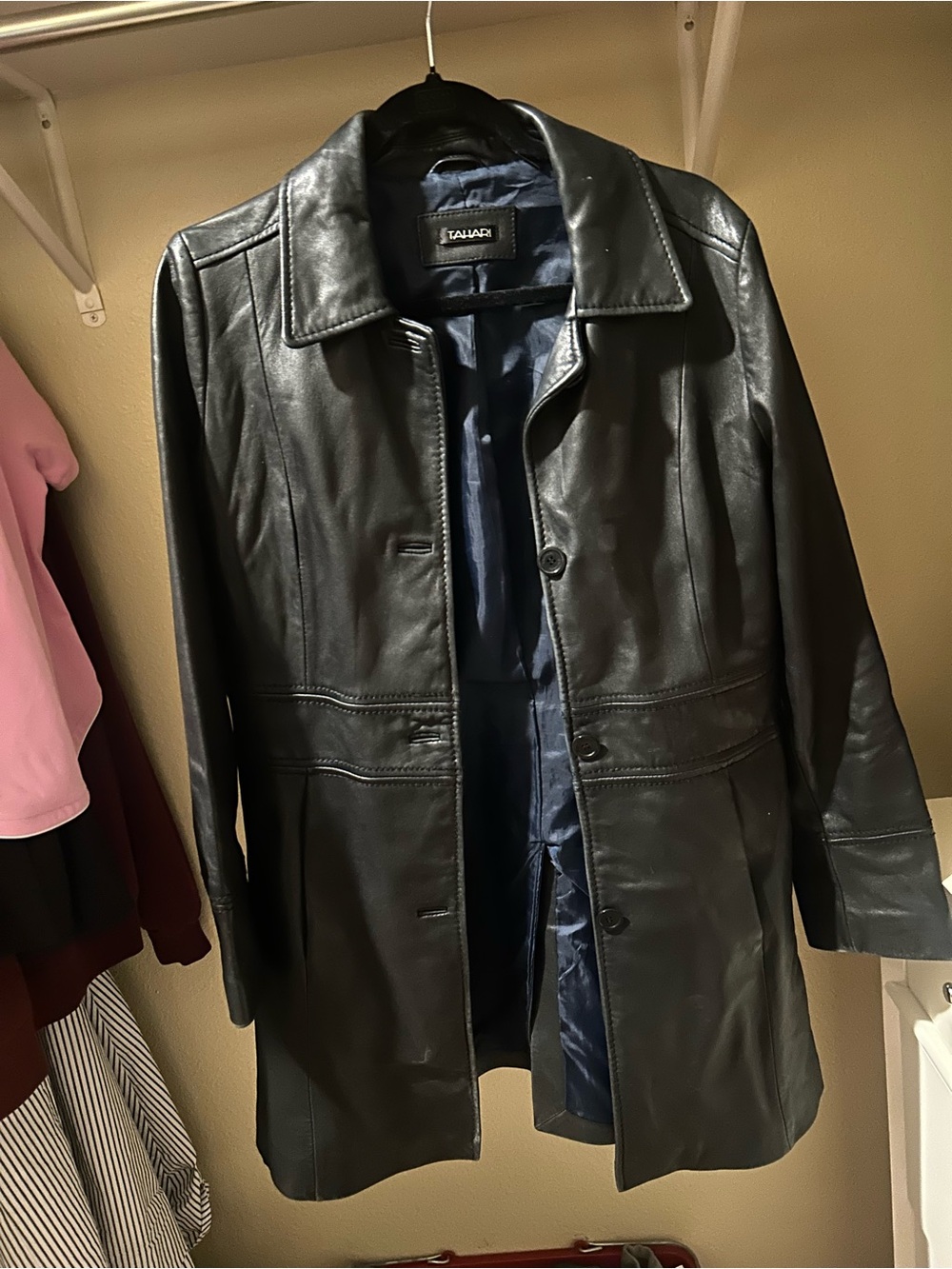 Tahari Black Leather Jacket with Navy Lining